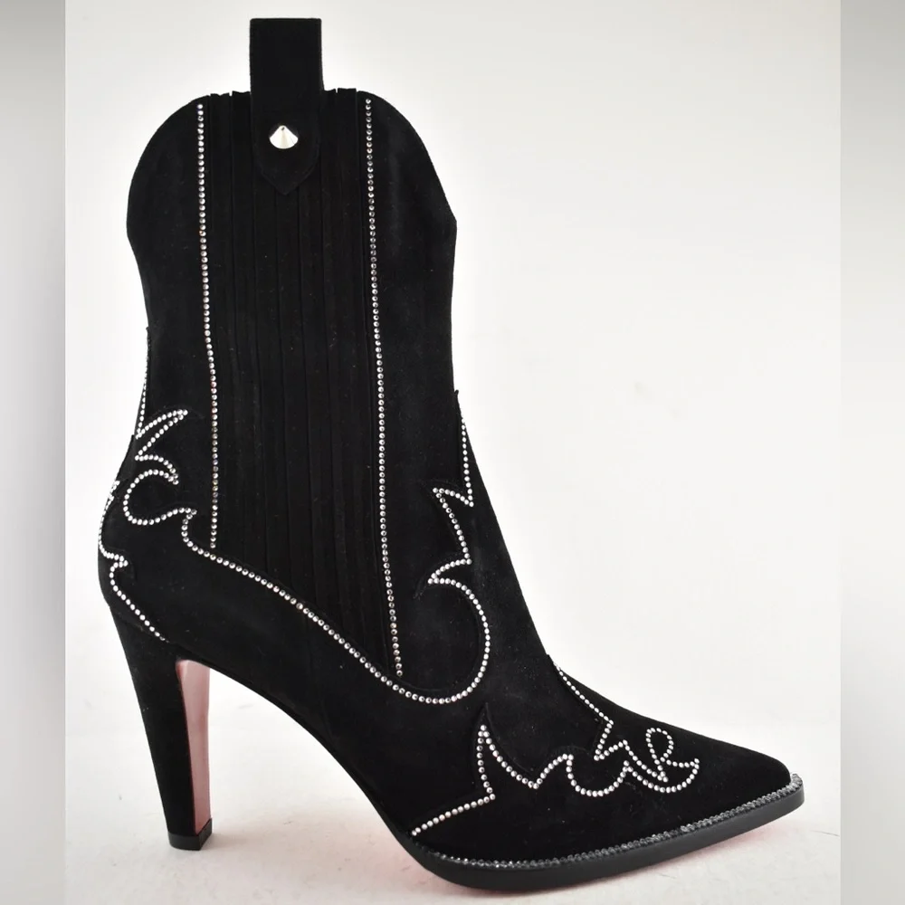 Christian Louboutin Santigag Strass 85 Black Suede Western Ankle Heel Boot 40 - Picture 2 of 16